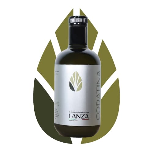 Illustration of a bottle of Apulian Coratina olive oil with a leaf in the background.