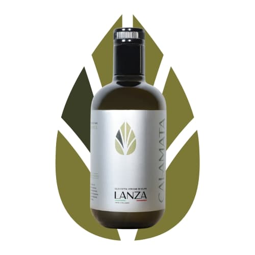 Illustration of a bottle of Apulian Calamata olive oil with a leaf in the background.