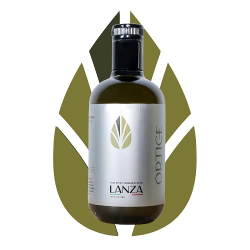 Illustration of a bottle of Apulian Ortice olive oil with a leaf in the background.